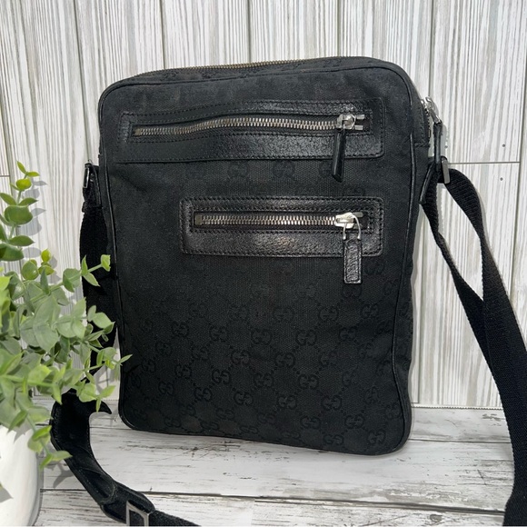 Gucci Vintage Black GG Monogram Canvas Crossbody Messenger Bag Leather Trim - Picture 1 of 13